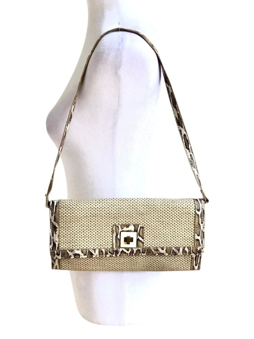 Beige Shoulder Bag Faux Linen Snakeskin Sondra Roberts